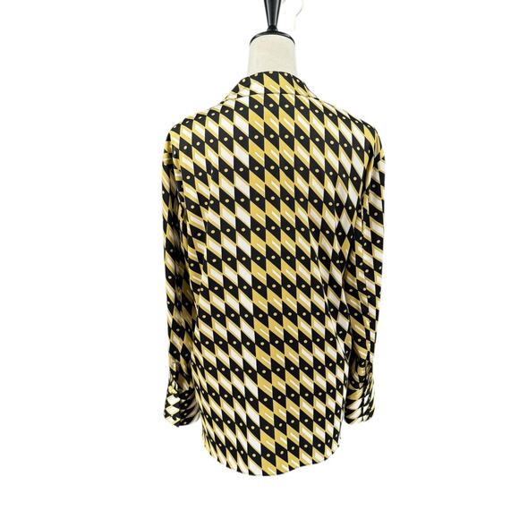 Joie Black & Yellow Geometric Diamond Print Long Sleeve Split V-neck Blouse - Picture 3 of 11